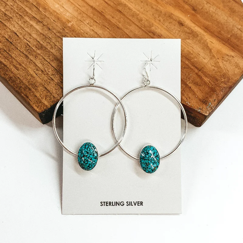 Mythological Earrings-Merle House | Navajo Handmade Sterling Silver Hoop Earrings with Oval Kingman Turquoise Stone