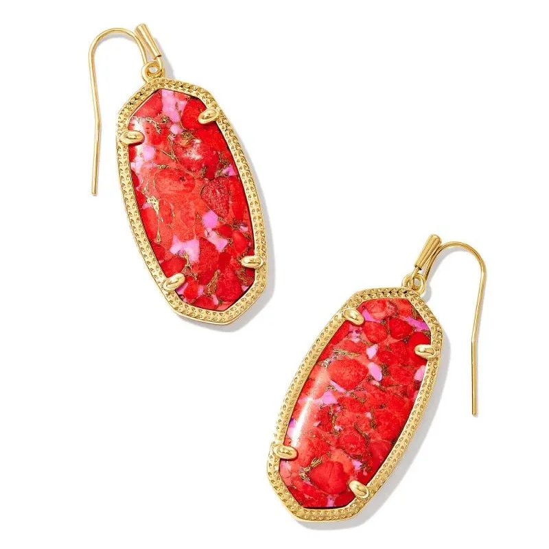 Fairy Earrings-Kendra Scott | Elle Gold Drop Earrings in Bronze Veined Red Fuchsia Magnesite