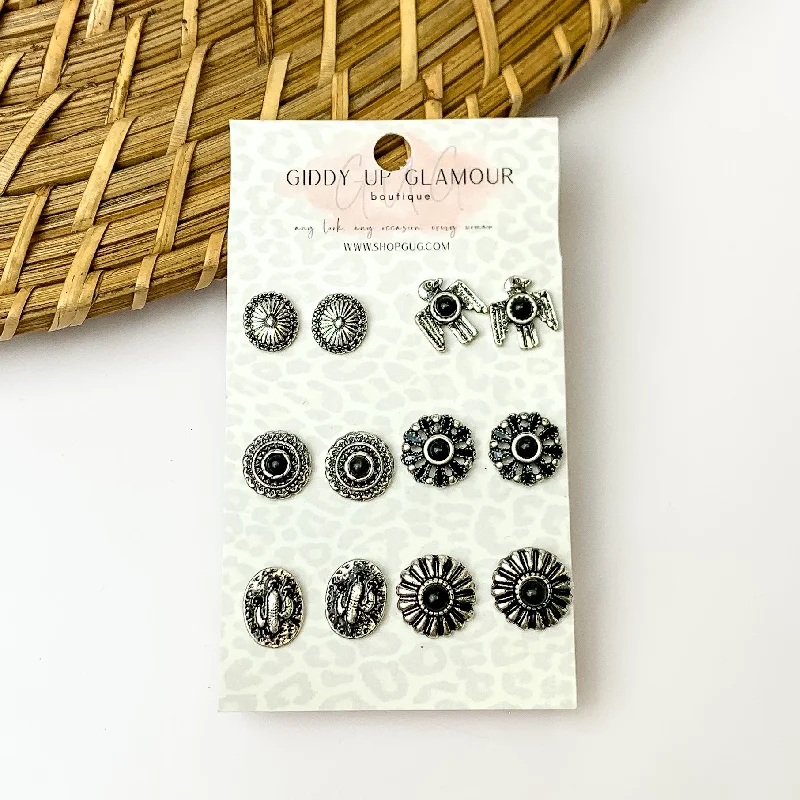 Geometric Earrings-Set Of Six | Multiple Black and Silver Tone Stud Earrings