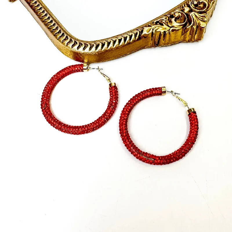 Huggie Earrings-Pink Panache | Gold Tone Hoop Earrings With Rhinestone Mesh in Red