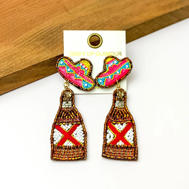 Antique Earrings-Beaded Gold Beer Bottle Earrings with Sombrero Studs