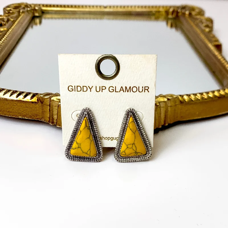 Platinum Earrings-Western Silver Tone Faux Triangle Stone Earrings in Mustard Yellow