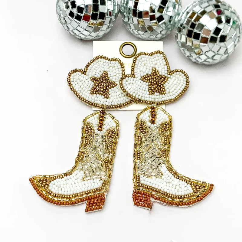 Symbol Earrings-Beaded Cowboy Hat and Boot Earrings with Gold Star in White