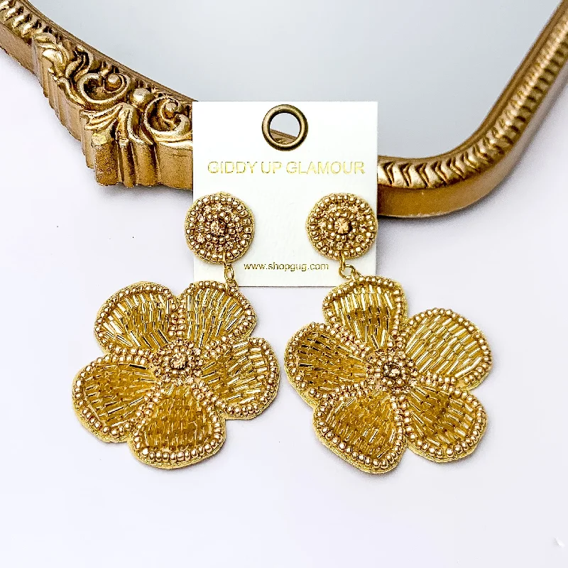 Luxury Earrings-Beaded Flower Earrings in Gold with Crystal Stones