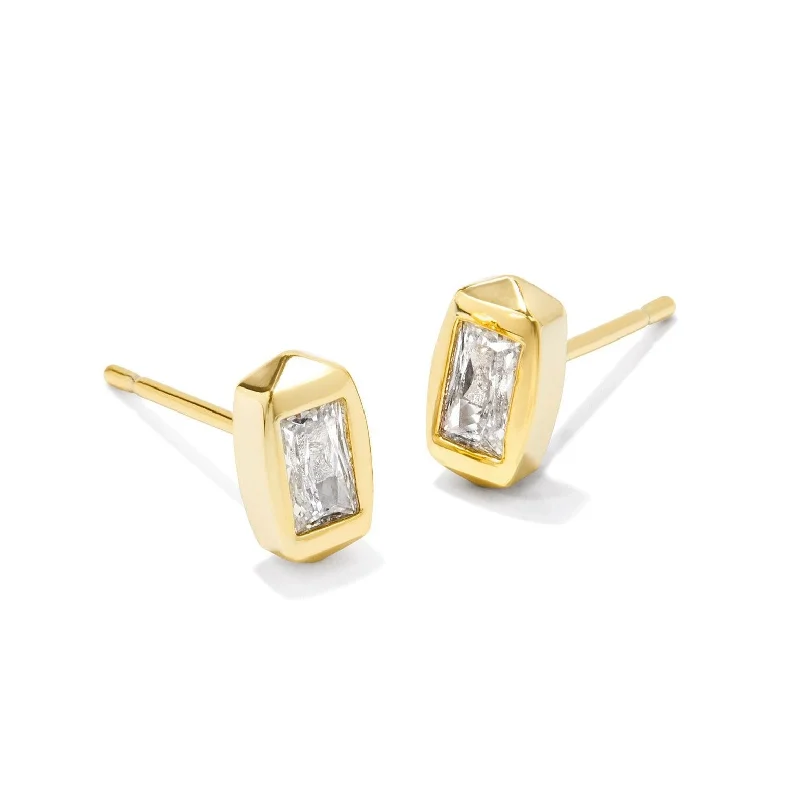 Space Earrings-Kendra Scott | Fern Gold Crystal Stud Earrings in White Crystal