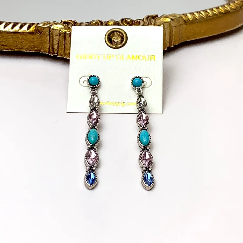 Cultural Earrings-Thin Bar Faux Turquoise and Multicolor Marquis Crystal Drop Earrings