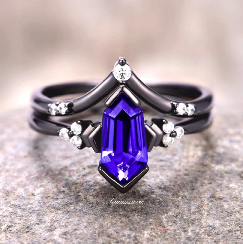 Wide band engagement rings-Roaring 20s earrings-Luxury Engagement Rings-Coffin Kite Tanzanite Ring- Black Rhodium Filled