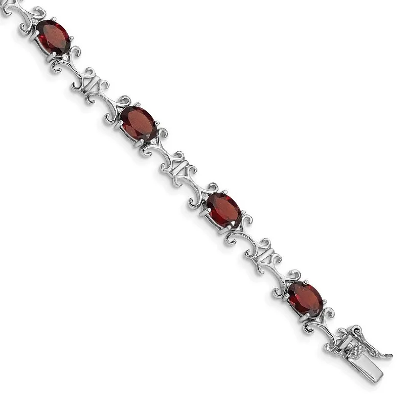 Endless charm bangles-Fairy Rings-Curata 925 Sterling Silver Polished Open back Box Catch Closure Garnet Oval Bracelet