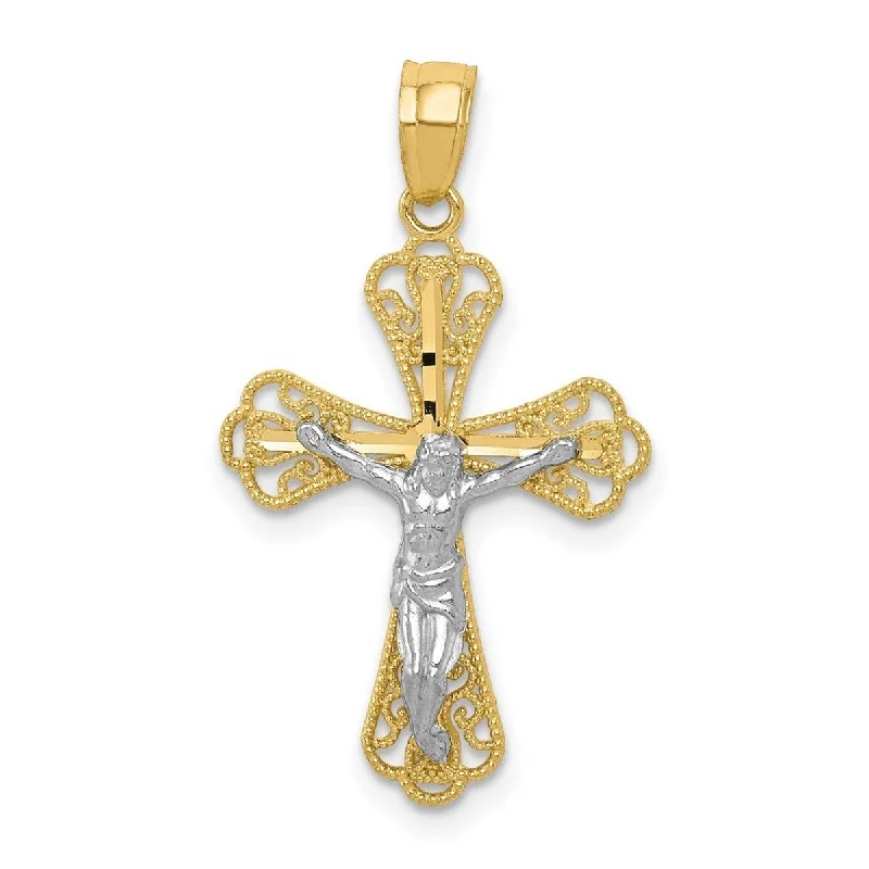 Eight-strand necklaces-Vintage Necklaces-Curata 10k Yellow Gold and Rhodium 18" Filigree Crucifix Pendant Necklace