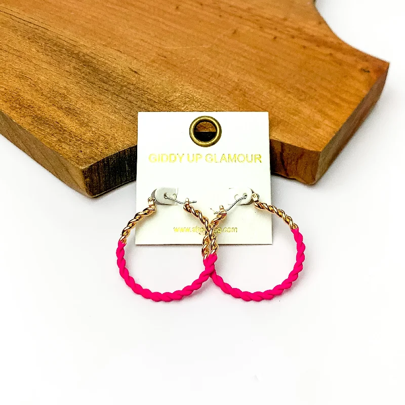 Gothic Earrings-Twisted Gold Tone Hoop Earrings in Hot Pink