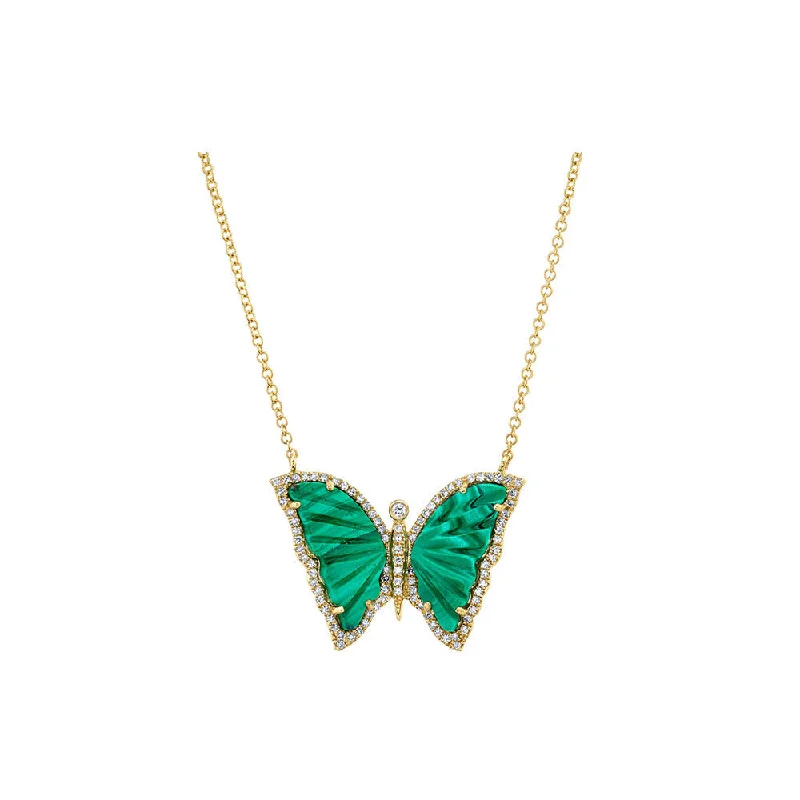 Low bar necklaces-Bib Necklaces-14K Yellow Gold, Diamond Pave & Malachite Butterfly Necklace