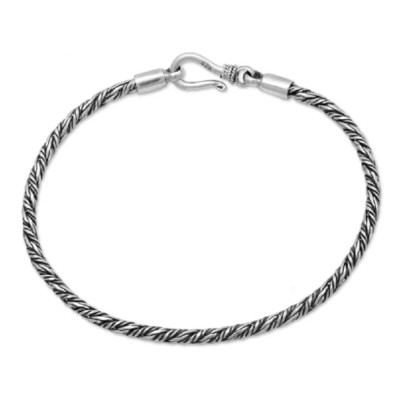 Fine cord bangles-Lock Rings-Sterling Silver Braided Bracelet, 'Woven Secret' (Indonesia) - 7'6" x 9'6"