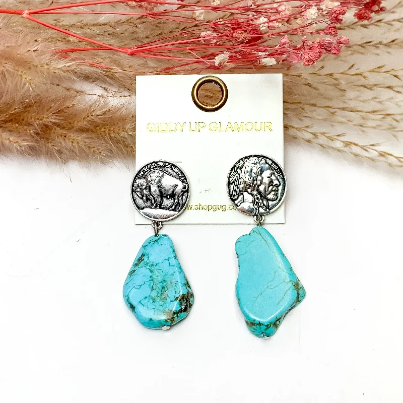 Minimalist Earrings-Turquoise Stone Earrings With Silver Tone Coin Posts