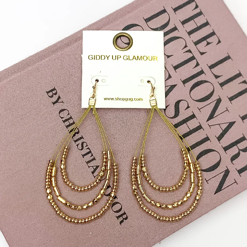 Key Earrings-Layered Open Teardrop Earrings With Beads in Gold Tone