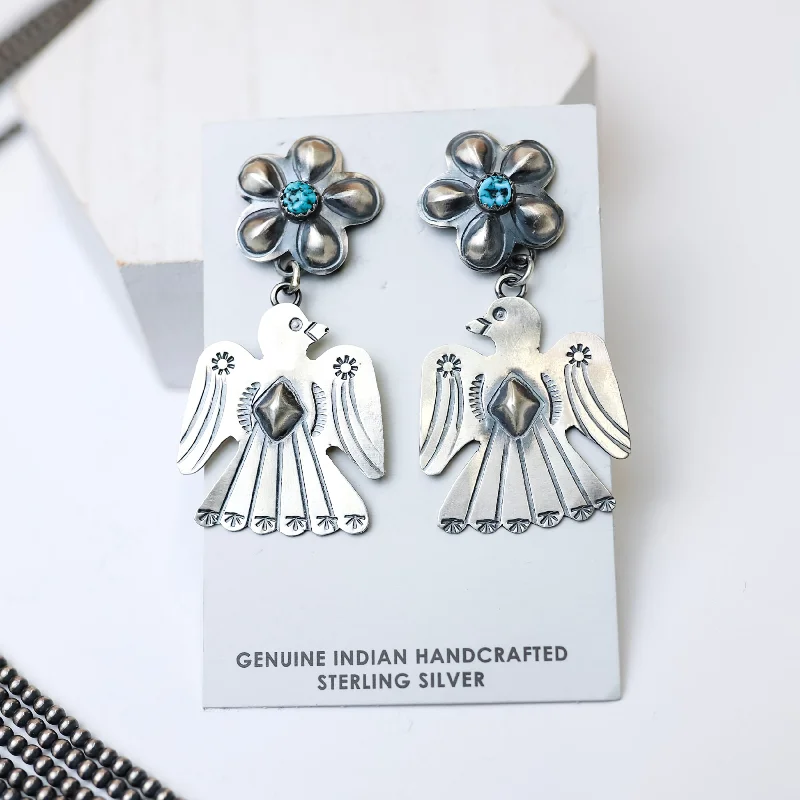 Heart Earrings-Tim Yazzie | Navajo Handmade Sterling Silver Flower Post Thunderbird Drop Earrings with Turquoise Stones