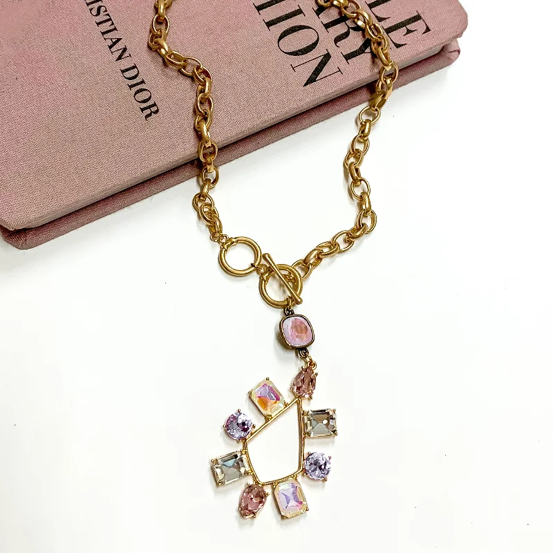 Galaxy Earrings-Pink Panache | Gold Tone Chain Necklace with a Lavender Crystal Drop and Multicolor Crystal Teardrop Pendant