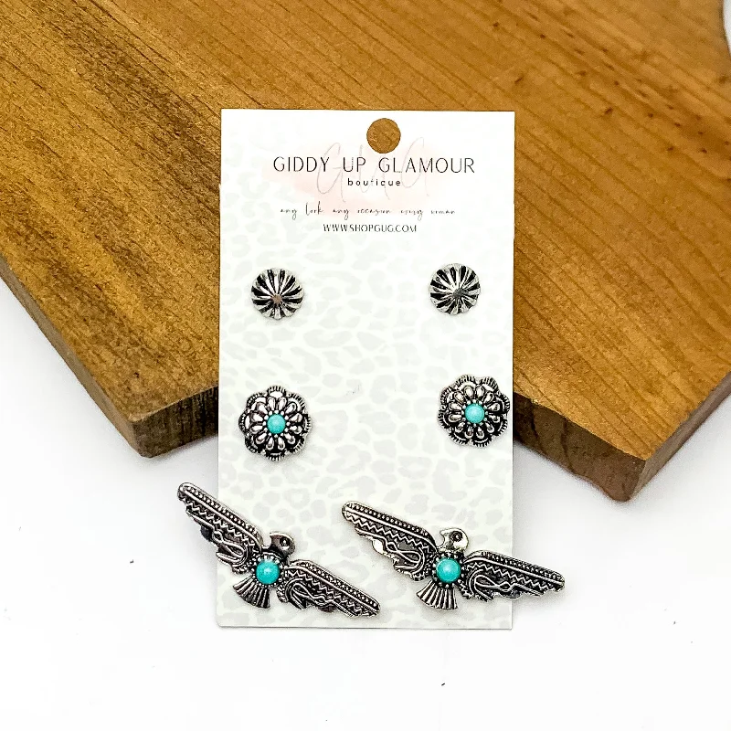 Jacket Earrings-Set Of Three | Silver Tone Designed Earrings With Turquoise Blue Stones