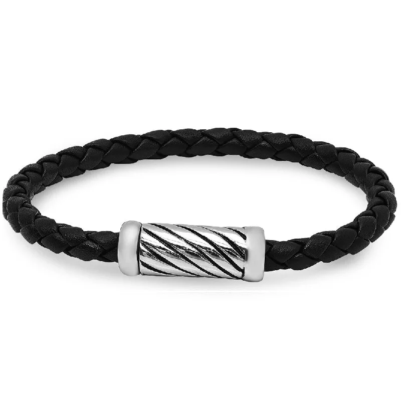 Fine star bangles-Customizable Rings-Oxford Ivy Braided Black Leather Bracelet with Magnetic Stainless Steel Clasp