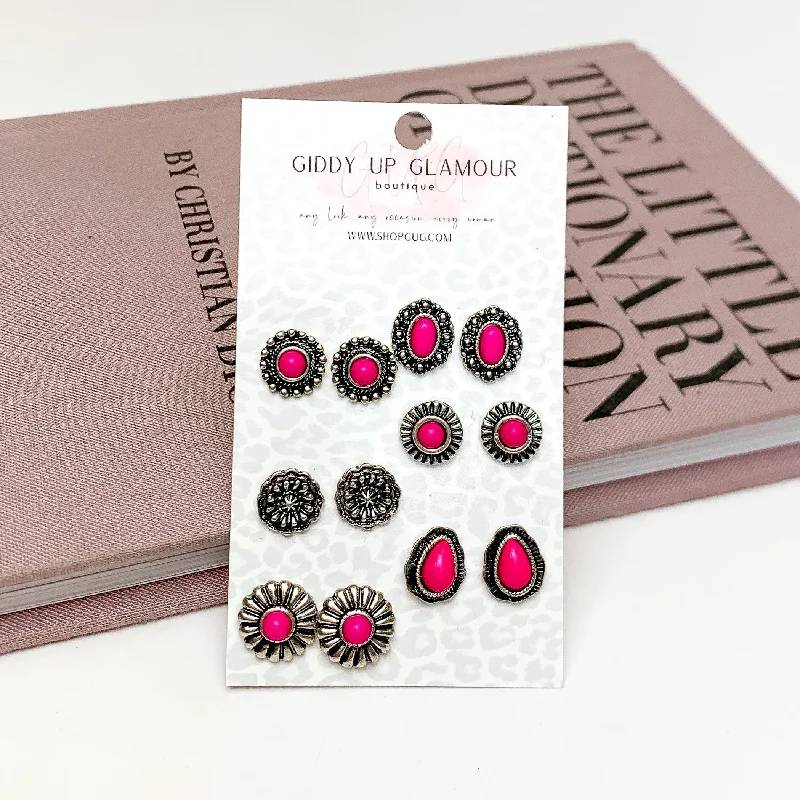 Symbol Earrings-Set of Six | Fuchsia Pink and Silver Tone Designed Stud Earrings