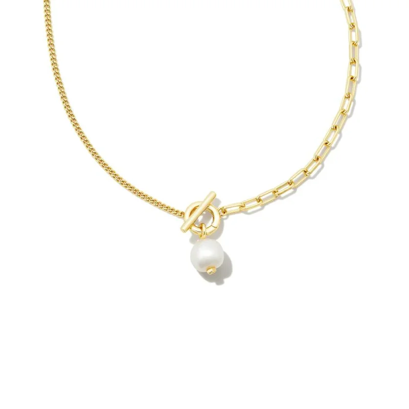 Non-Piercing Earrings-Kendra Scott | Leighton Gold Pearl Chain Necklace in White Pearl