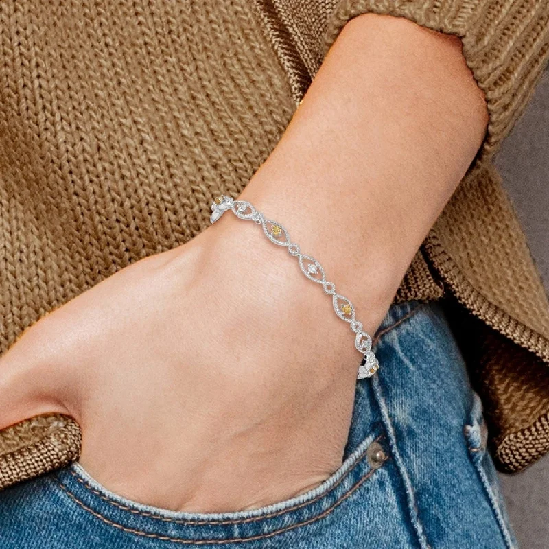 Linen cord bangles-Elegant Bangles-Curata 925 Sterling Silver Textured Polished Open back Lobster Claw Closure Citrine Diamond Bracelet