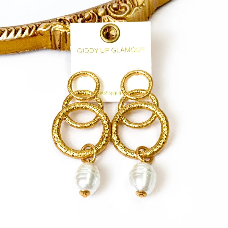 Affordable Earrings-Gold Tone Multi Circle Earrings with Pearl Pendants