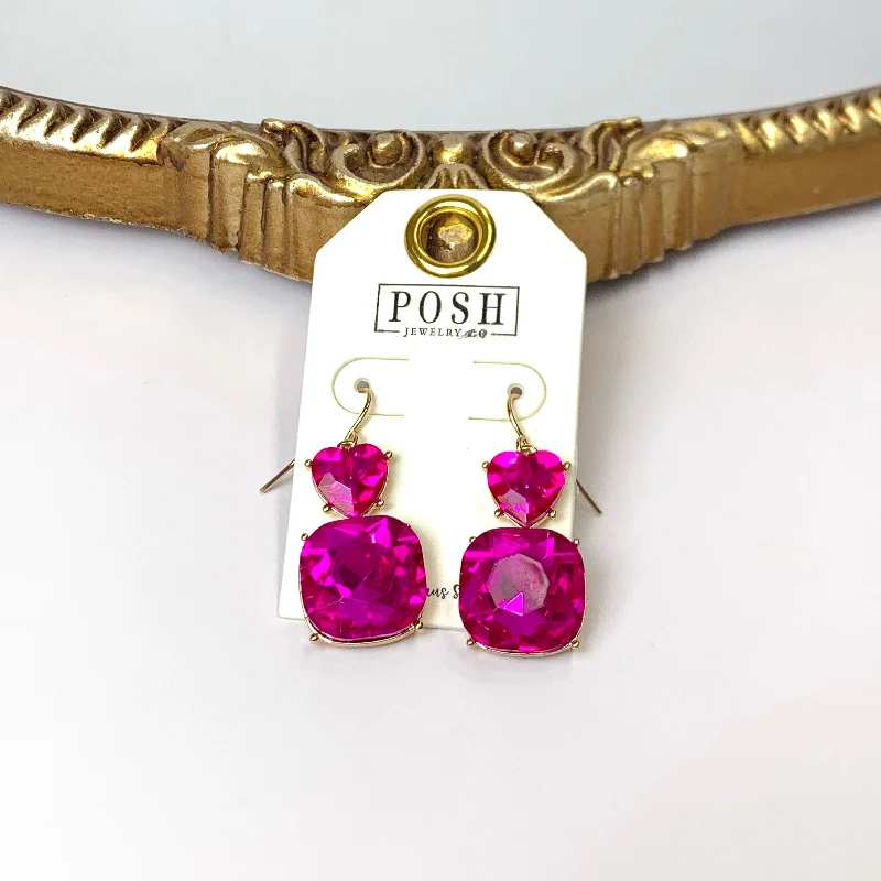 Clip-On Earrings-Posh by Pink Panache | Gold Tone Fuchsia Pink Heart Shaped and Cushion Cut Crystal Drop Earrings