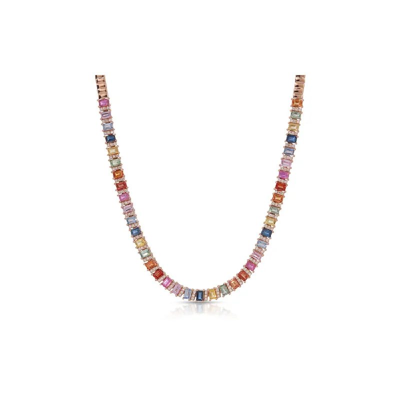 Layered metal necklaces-Space Necklaces-14K Rose Gold Multi Color Sapphire and Diamond Necklace