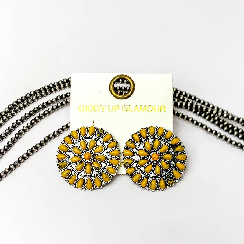 Punk Earrings-Silver Tone Circle Cluster Stud Earrings with Yellow Stones