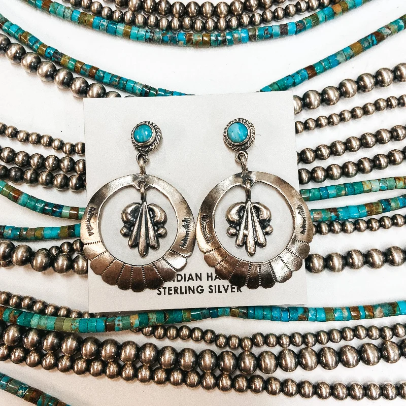 Heart Earrings-Annie Spencer | Navajo Handmade Sterling Silver Circle Dangle Earrings with Kingman Turquoise Post