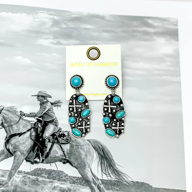 Monogram Earrings-Western Silver Tone Designed Oval Earrings With Turquoise Stones