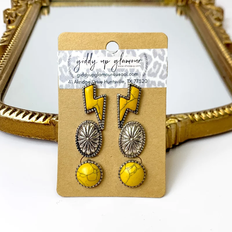 Tribal Earrings-Set Of Three | Lightning Bolt and Concho Stud Set in Mustard Yellow