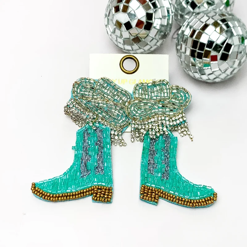 Mermaid Earrings-Beaded Cowboy Hat and Boot Earrings with Clear Crystal Fringe in Turquoise Blue