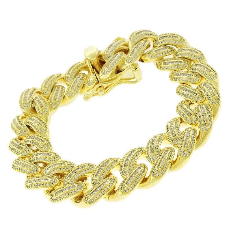 Dual-tone bangles-Gothic Bangles-Sterling Silver 18mm Iced Out CZ Baguette Miami Cuban Solid 925 Yellow Gold Bling Bracelet Chain 9"