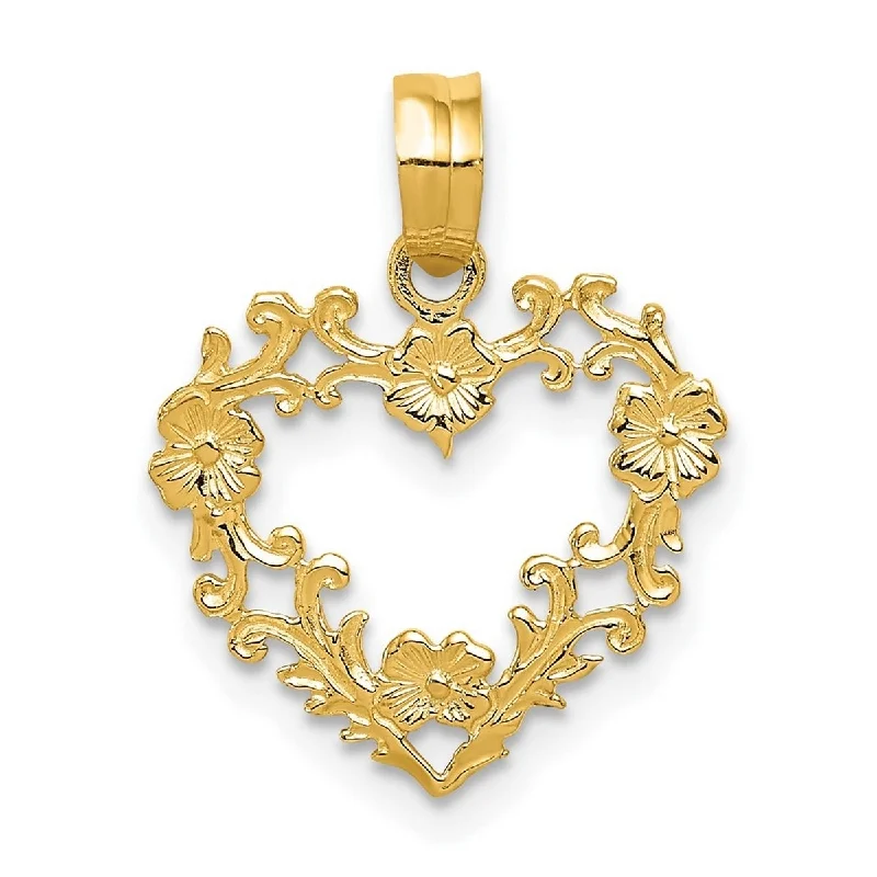 Handwoven necklaces-Charm Necklaces-Curata 14k Yellow Gold 18" Polished Filigree Floral Cut-Out Heart Pendant Necklace - 15x19.1mm