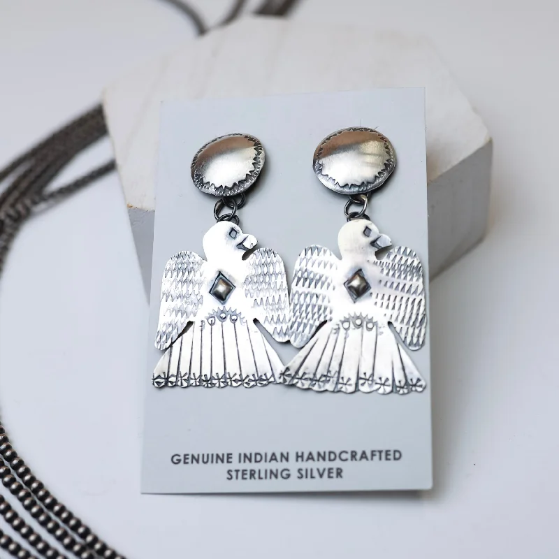 Lever-Back Earrings-Tim Yazzie | Navajo Handmade Sterling Silver Thunderbird Drop Earrings