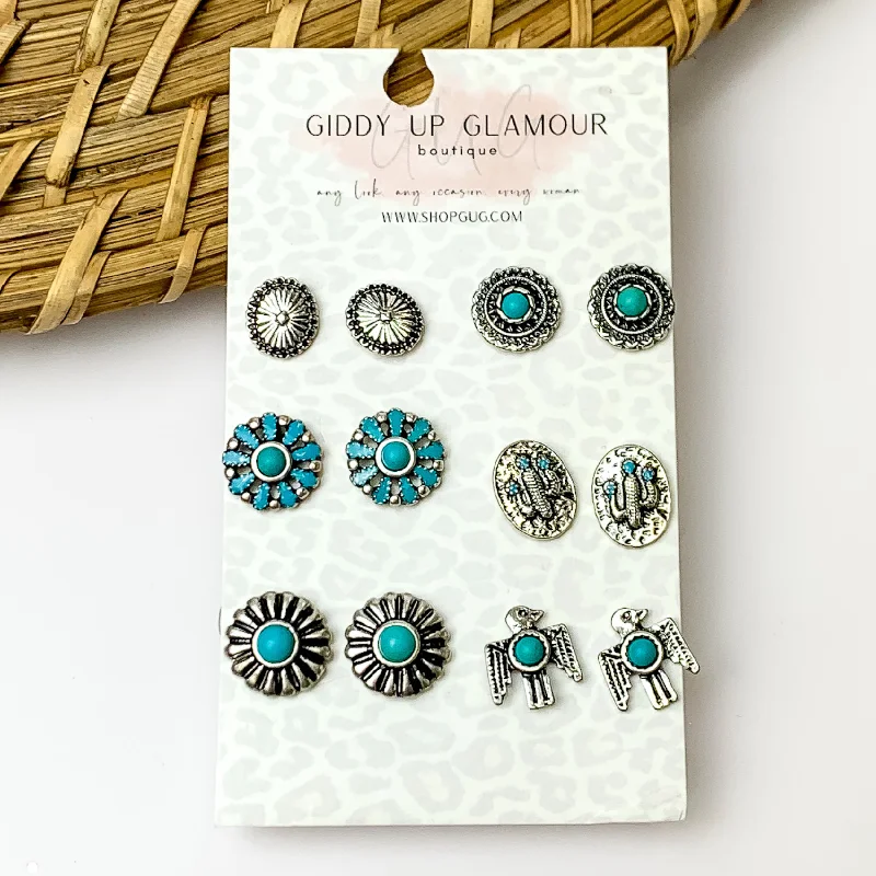 Cultural Earrings-Set Of Six | Multiple Turquoise and Silver Tone Stud Earrings