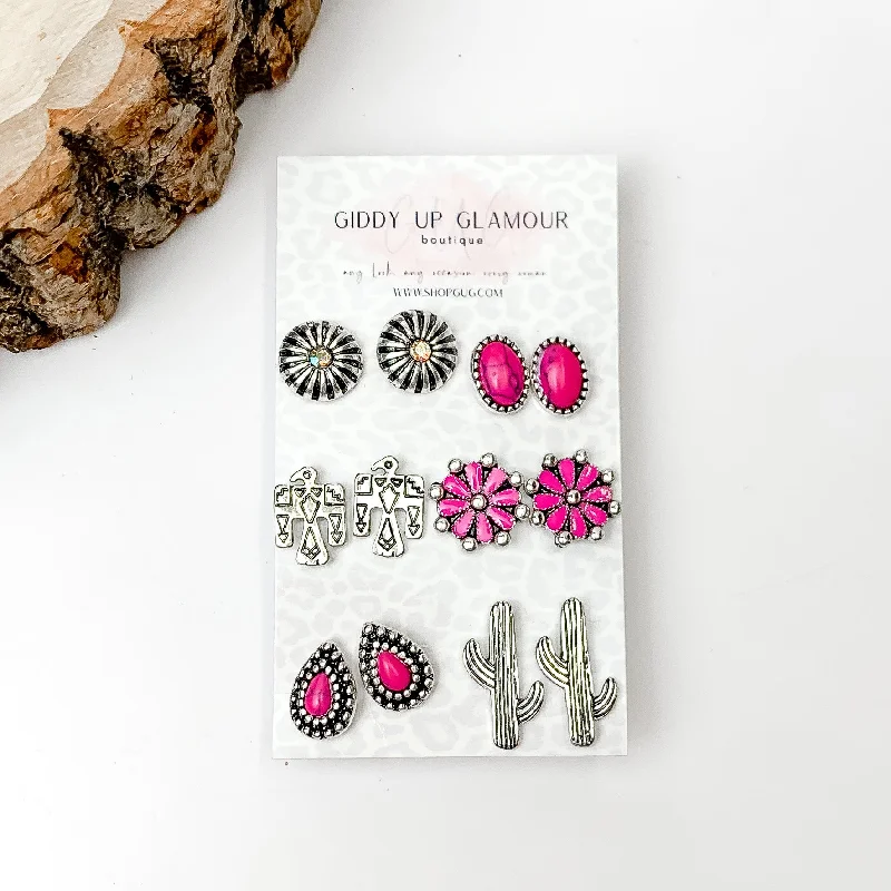 Dragon Earrings-Set Of Six | Western Themed Fuchsia Pink and Silver Tone Stud Earrings