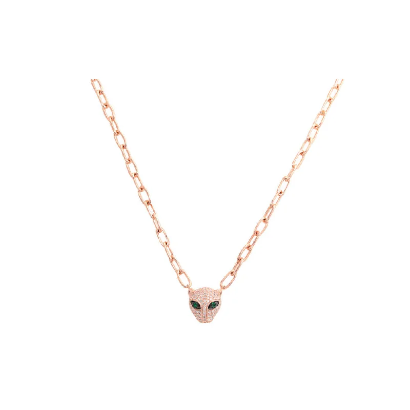 Bent pendant necklaces-Spiritual Necklaces-14K Rose Gold Chain Link Diamond Pave and Emerald Panther Necklace