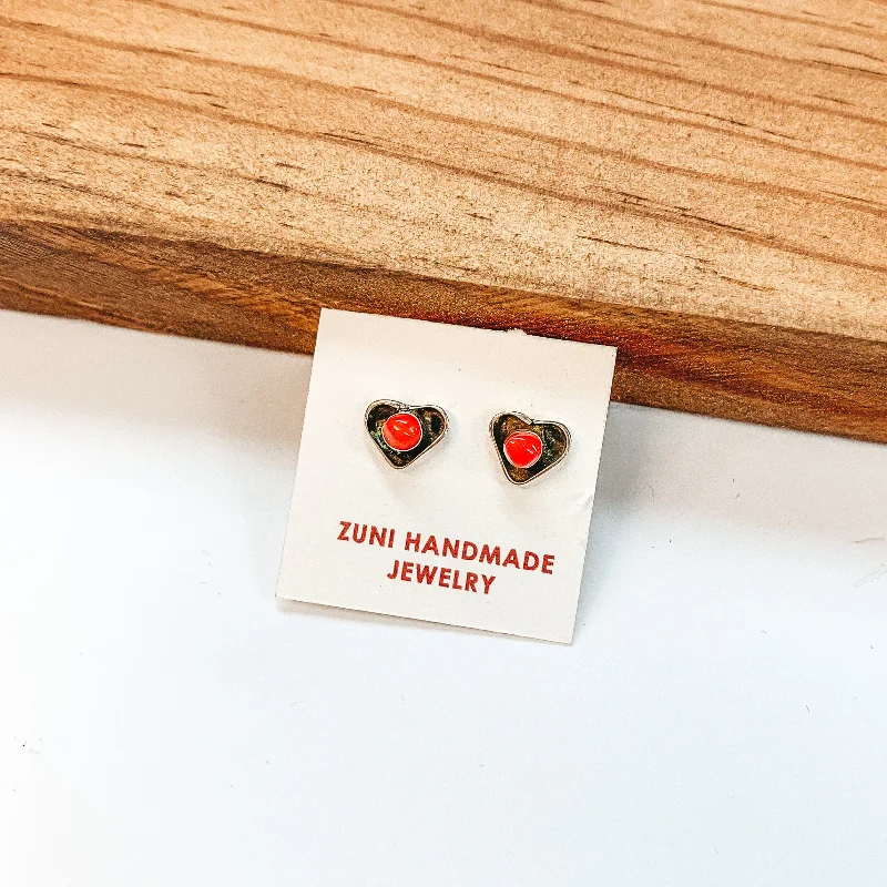 Jacket Earrings-Angie Rosetta | Zuni Handmade Sterling Silver Heart Stud Earrings with Red Coral