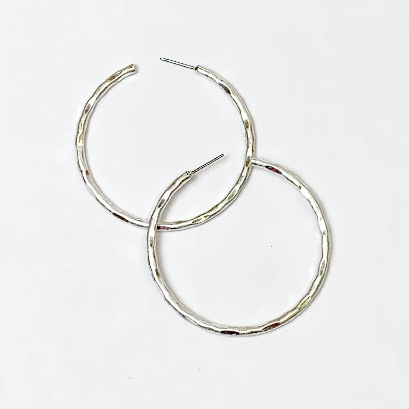 Crown Earrings-Medium Hammered Hoops in Silver Tone