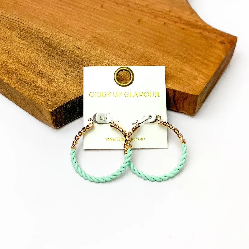 Historical Earrings-Twisted Gold Tone Hoop Earrings in Mint Green