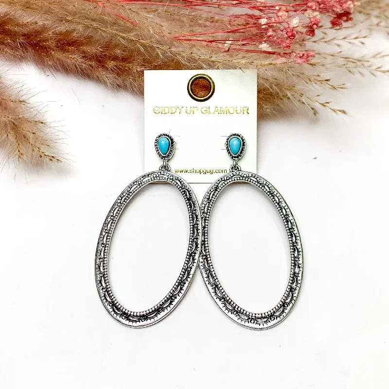 Moon Earrings-Oval Large Silver Tone Earrings With Turquoise Posts