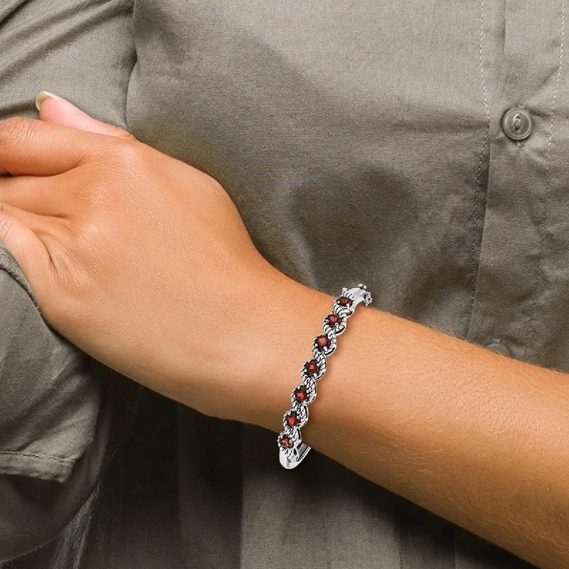 Satin silver bangles-Nature Rings-Curata 63.1mm 925 Sterling Silver Rhodium Plated Garnet Hinged Cuff Stackable Bangle Bracelet