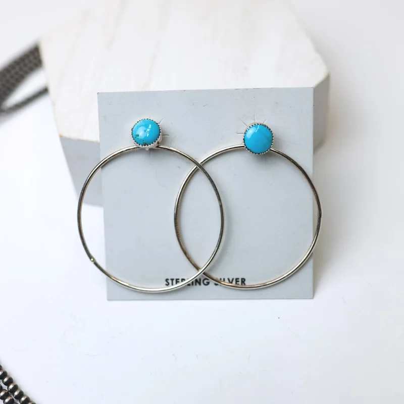 Crystal Earrings-Anthony Skeets | Navajo Handmade Sterling Silver Hoop Earrings with Sleeping Beauty Turquoise Studs