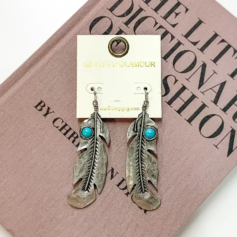 Customizable Earrings-Silver Tone Feather Drop Earrings with Turquoise Blue Stones