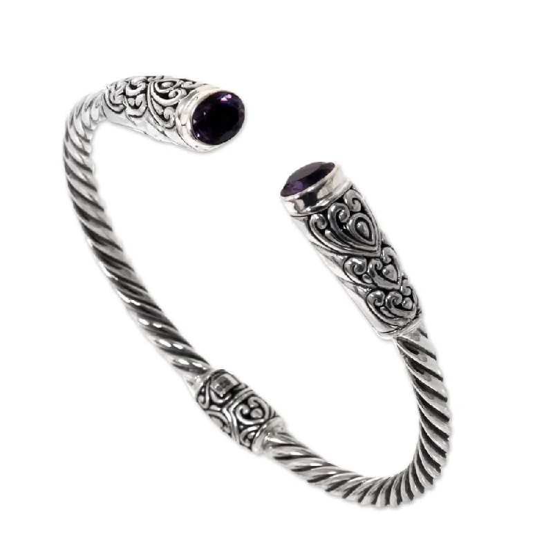 Bright bead bangles-Non-Tarnish Bangles-Handmade Sterling Silver Totem Hearts Amethyst Bracelet (Indonesia)