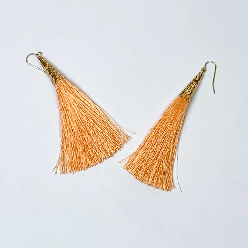 Pearl Earrings-Gold Tone Filigree Cap Drop Tassel Earrings in Coral Orange