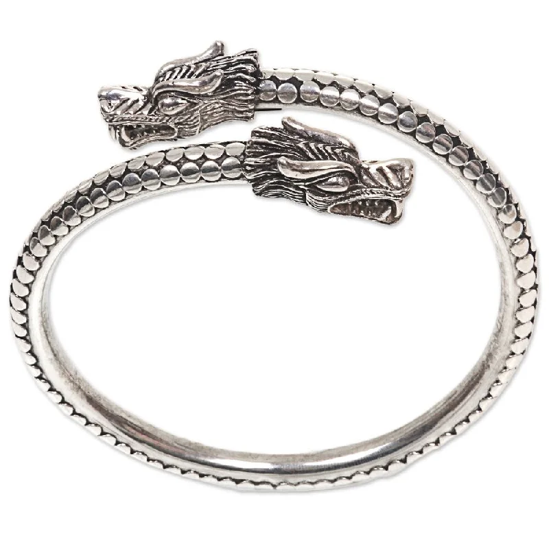 Solid gold bangles-Arrow Bangles-Handmade Sterling Silver Dragon Guardians Bracelet (Indonesia)