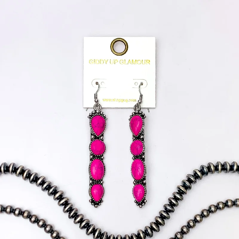 Lightweight Earrings-Western Connection Silver Tone Earrings With Four Stones in Fuchsia